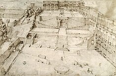 A drawing of a courtyard with structures on the right and back