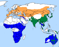 Verde: residente todo el año Naranja: área de cría Azul: área de invernada