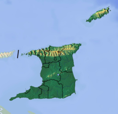 Mapa konturowa Trynidadu i Tobago, u góry po prawej znajduje się punkt z opisem „miejsce bitwy”