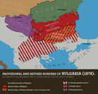 Bulgária határai a San Stefanó-i előzetes szerződés és az azt követő berlini szerződés (1878) alapján.