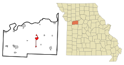 希金斯維爾在拉法葉縣及密蘇里州的位置（以紅色標示）