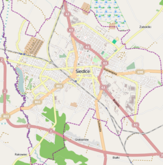 Mapa konturowa Siedlec, w centrum znajduje się punkt z opisem „ulica Armii Krajowej”