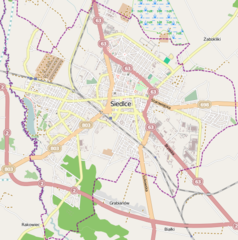 Mapa konturowa Siedlec, po prawej znajduje się punkt z opisem „ulica Starowiejska”