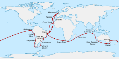 Route from Plymouth, England, south to Cape Verde then southwest across the Atlantic to Bahia, Brazil, south to Rio de Janeiro, Montevideo, the Falkland Islands, round the tip of South America then north to Valparaiso and Callao. Northwest to the Galapagos Islands before sailing west across the Pacific to New Zealand, Sydney, Hobart in Tasmania, and King George's Sound in Western Australia. Northwest to the Keeling Islands, southwest to Mauritius and Cape Town, then northwest to Bahia and northeast back to Plymouth.