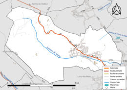 Carte en couleur présentant le réseau hydrographique de la commune