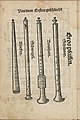 Instruments from Martin Agricola's book "Musica instrumentalis deudsch", published 1529. From left: straight cornett, three-hole pipe, bombard, shawm. The three-hole pipe uses double reeds under a cap, with blowhole.
