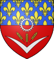 Blason de la Seine-Saint-Denis : Coupé de France ancien, et de gueules à trois épis de blé mis en pal et chevron renversé, soutenus d'un vol d'argent ; une roue dentée du même brochant le tout en abîme.