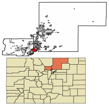 Boulder County and Weld County Colorado Incorporated and Unincorporated areas Erie Highlighted 0824950.svg