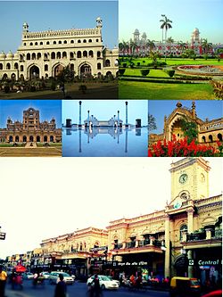 në kahun orar nga kreu: Bada Imambara, Stacioni Hekurudhor i Charbaghut, Rumi Darwaza, Hazratganj, Shkolla La Martiniere, Ambedkar Memorial Park.