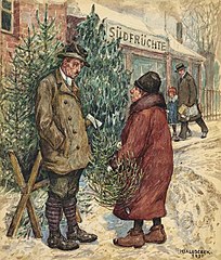 Christmas tree sale, by Hans Baluschek. 1930.