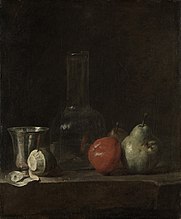 ジャン・シメオン・シャルダン「グラスとフラスコと果物のある静物（Still Life with Glass Flask and Fruit）」c. 1750年