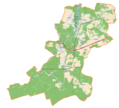 Mapa konturowa gminy Łagów, blisko centrum na dole znajduje się punkt z opisem „Toporów”