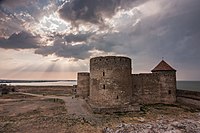 A fortress built of bricks, with two bastions and a tower