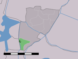 The town centre (dark green) and the statistical district (light green) of Markenbinnen in the former municipality of Graft-De Rijp.