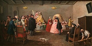 Marco Marcuola, Matrimonio judío, Venecia, alredador de 1780, óleo sobre lienzo, marco de madera y estuco moldeado y dorado, 41,9 x 81 cm, Museo de Arte e Historia Judía, París.