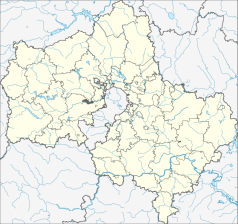 Mapa konturowa obwodu moskiewskiego, blisko centrum u góry znajduje się punkt z opisem „Korolow”