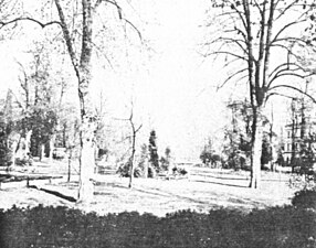 Der 1882 angelegte Park des Lindenplatzes vor seiner weitgehenden Beseitigung 1905, von der Puppenbrücke aus gesehen