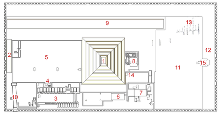 Plànol del complex de Djoser (el nord està a la dreta) (segons: Cecil M. Firth)