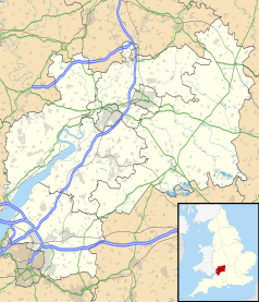 Mapa konturowa Gloucestershire, po lewej nieco na dole znajduje się punkt z opisem „Oldbury-on-Severn”