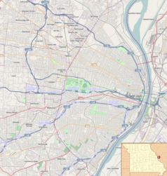 Mapa konturowa Saint Louis, po prawej znajduje się punkt z opisem „Enterprise Center”