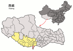 Location of Yadong County (red) within Shigatse City (yellow) and the Tibet Autonomous Region