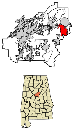 Location of Harpersville in Shelby County, Alabama.