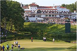 Devant une large foule réunie autour d'un green de golf, un joueur lève les bras.