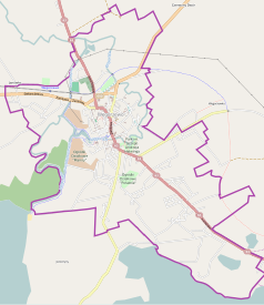 Mapa konturowa Węgorzewa, po prawej nieco na dole znajduje się punkt z opisem „Sobin”