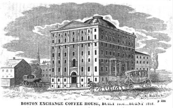 Engraving by Bowen of the Exchange Coffee House from Snow's History of Boston, 1828