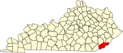 Harta statului Kentucky indicând comitatul Harlan