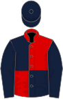 Red and dark blue (quartered), dark blue sleeves and cap