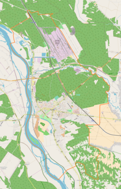 Mapa konturowa Puław, blisko centrum u góry znajduje się punkt z opisem „Puławy Chemia”
