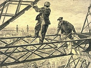 Deux ouvriers sur la tour Eiffel.