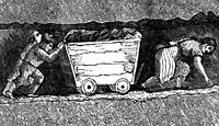 石炭を満載したコーフと呼ばれるワゴンを運ぶ様子 J Cobden.のThe White Slaves of Englandから