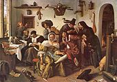 Sjangermaleriet Verkehrte Welt (ca. 1663) av den nederlandske barokkunstneren Jan Steen. Bildet viser på en humoristisk og moraliserende måte hvordan sverdet henger i en tynn tråd over det kaotiske, hemningsløse livet i en «gal verden». Maleriet er utstyrt med den formanende påskriften «Pass deg for det gode liv. Se opp for jernstanga.»