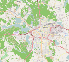 Mapa konturowa Olsztyna, blisko centrum na prawo znajduje się punkt z opisem „Budynek dawnej Rejencji”