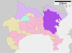 Map of Kanagawa Prefecture with Yokohama highlighted in purple