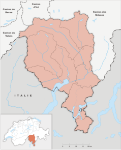 Mapa konturowa Ticino, na dole nieco na prawo znajduje się punkt z opisem „LUG”