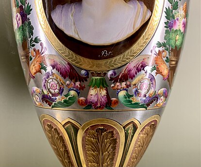 Neoclassical rosettes on a vase, by the Sèvres Porcelain Manufactory, 1814, hard-paste porcelain with platinum background and gilt bronze mounts, Louvre[12]