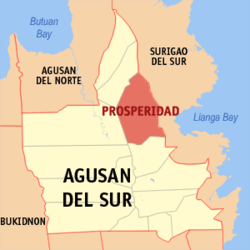 Mapa ng Agusan del Sur na nagpapakita sa lokasyon ng Prosperidad.