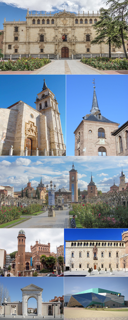 Clockwise from top: University of Alcalá; Colegio de Málaga; Plaza de Cervantes; Archiepiscopal Palace of Alcalá de Henares; Alcalá Magna; Puerta de Madrid; Palace of Laredo; and Alcalá de Henares Cathedral