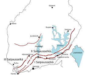 Carte des Salpausselät (traits rouges) en Finlande et Russie.