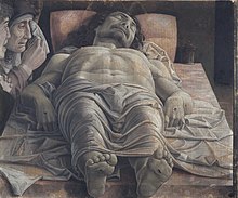 Peinture de Mantegna représentant le Christ mort, vu en raccourci, entouré de la Vierge Marie, sainte Marie-Madeleine et saint Jean et éplorés