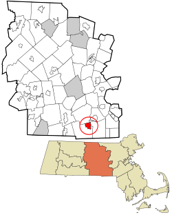 東道格拉斯在烏斯特縣及麻薩諸塞州的位置（以紅色標示）
