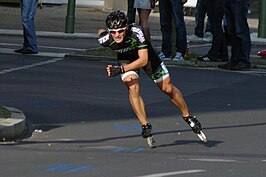 Ewen Fernandez tijdens de door hem gewonnen Berlin inline marathon in 2011