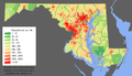 Image 18Maryland population distribution map; Maryland's population is concentrated mostly in the Washington–Baltimore combined statistical area. (from Maryland)