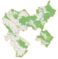 Mapa konturowa gminy wiejskiej Sanok, blisko centrum u góry znajduje się punkt z opisem „Międzybrodzie”