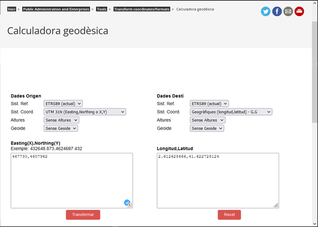 A Calculadora geodèsica trobareu la calculadora que us permetrà la conversió de les coordenades UTM a coordenades geogràfiques.