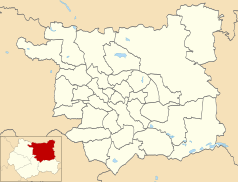 Mapa konturowa Leeds, na dole po prawej znajduje się punkt z opisem „Kippax”