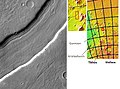 西弥斯卫星拍摄的鲁尔谷表面线状沉积物，点击图像查看与之有关的其它特征。